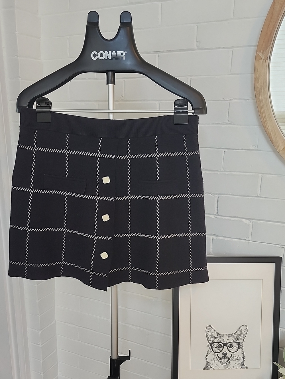 Windowpane Knit Skort with Button Detail, Womens Small